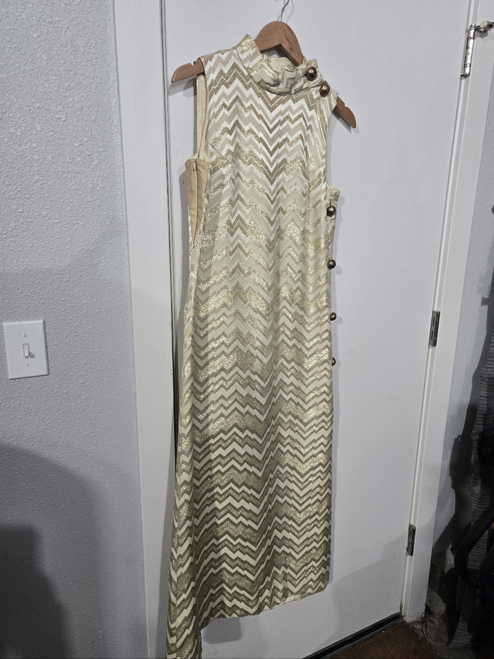 Vintage Gold Chevron Maxi Dress with Side Button Detail